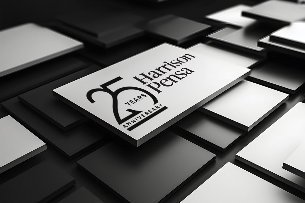 25th anniversary logo of Harrison Pensa on a black and white background with geometric shapes.